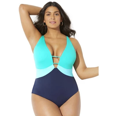 Swimsuits For All Women’s Plus Size Colorblock V-Neck One Piece Swimsuit - Image 5
