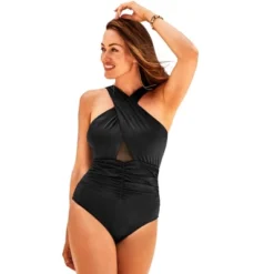 Swimsuits For All Women’s Plus Size High Neck Wrap Shimmer One Piece Swimsuit