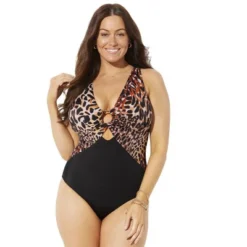 Swimsuits For All Women’s Plus Size Center Ring Plunge One Piece Swimsuit
