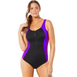 Swimsuits For All Women’s Plus Size Chlorine Resistant Zip Front One Piece Swimsuit