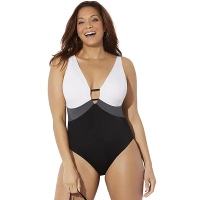 Swimsuits For All Women’s Plus Size Colorblock V-Neck One Piece Swimsuit - Image 4
