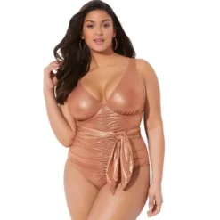 Swimsuits For All Women’s Plus Size Tie Front Cup Sized Underwire One Piece Swimsuit