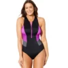 Swimsuits For All Women’s Plus Size Chlorine Resistant High Neck Zip One Piece Swimsuit