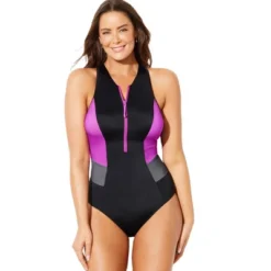Swimsuits For All Women’s Plus Size Chlorine Resistant High Neck Zip One Piece Swimsuit