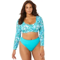 Swimsuits For All Women’s Plus Size Ambition Long Sleeve Cropped Bikini Top