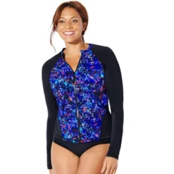 Swimsuits For All Women’s Plus Size Chlorine Resistant Zip Front Long Sleeve Swim Shirt