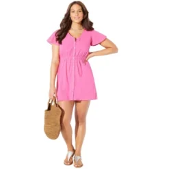 Swimsuits For All Women’s Plus Size Button Front Flutter Sleeve Tunic