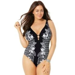 Swimsuits For All Women’s Plus Size V-Neck Ring One Piece Swimsuit