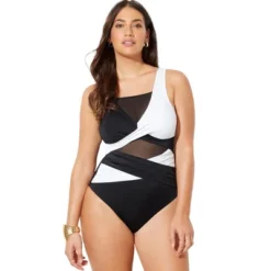 Swimsuits For All Women’s Plus Size Mesh Colorblock Wrap One Piece Swimsuit