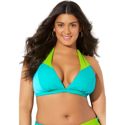 Swimsuits For All Women’s Plus Size Romancer Colorblock Halter Triangle Bikini Top - Image 4